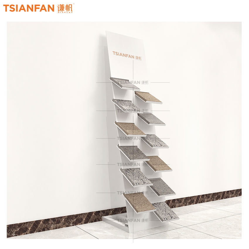 High-quality stone interspersed with floor-to-ceiling display racks