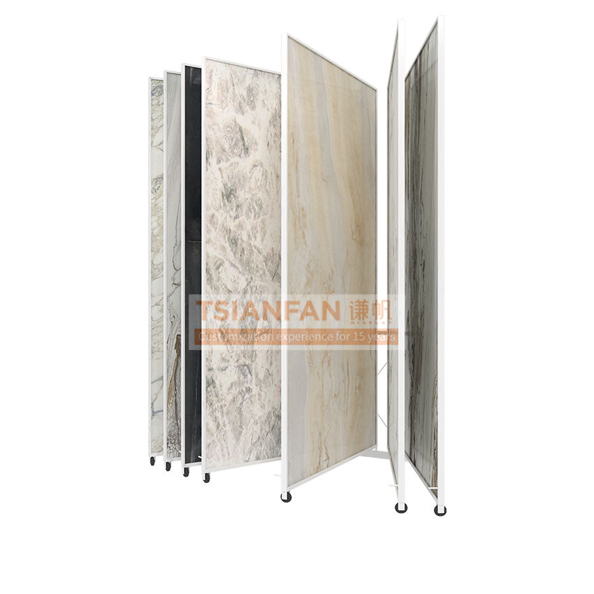Modern Custom Metal Flooring Page Display Stand For Marble Slab Ceramic Samples Display Showroom With Wheels FYF005-3