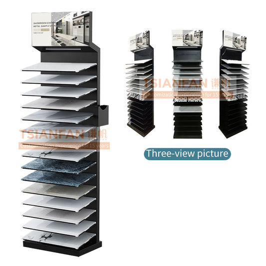 Factory Custom Logo Showroom Floor Quartz Display Stand Metal Sample Tower Shelf Marble Mosaic Tile Standing Stone Display Rack LD037-3