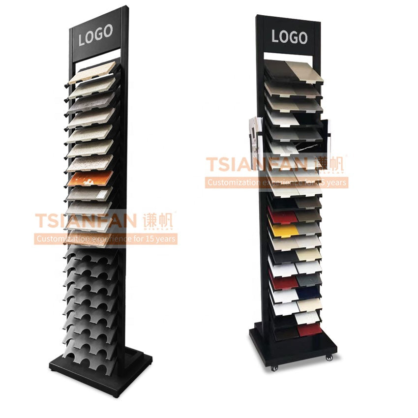 Tsianfan Quality Multilayer Standing Tower Quartz Marble Wooden Floor Display Stand Tiles Display Rack for Sale Showroom Stone